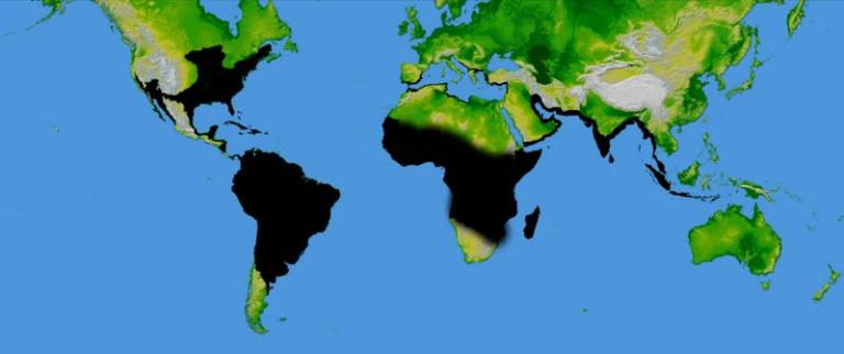 Distribuição geográfica dos Cyprinodontiformes (área em preto no mapa).